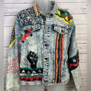 REASON Power To The People Tribal Denim Jean Jacket Sz XL Black Power